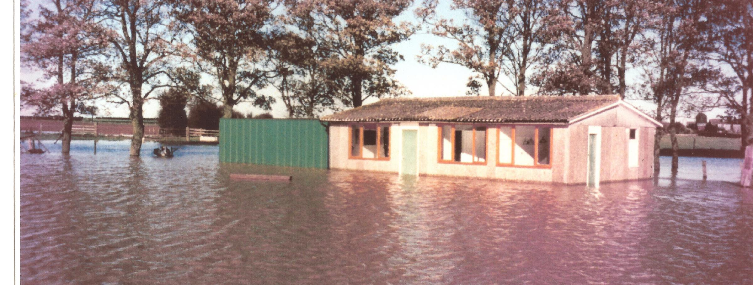 The only known picture of Great Smeaton Cricket Club pavilion that survives, and it shows it underwater in 2001, probably because a drain had become blocked