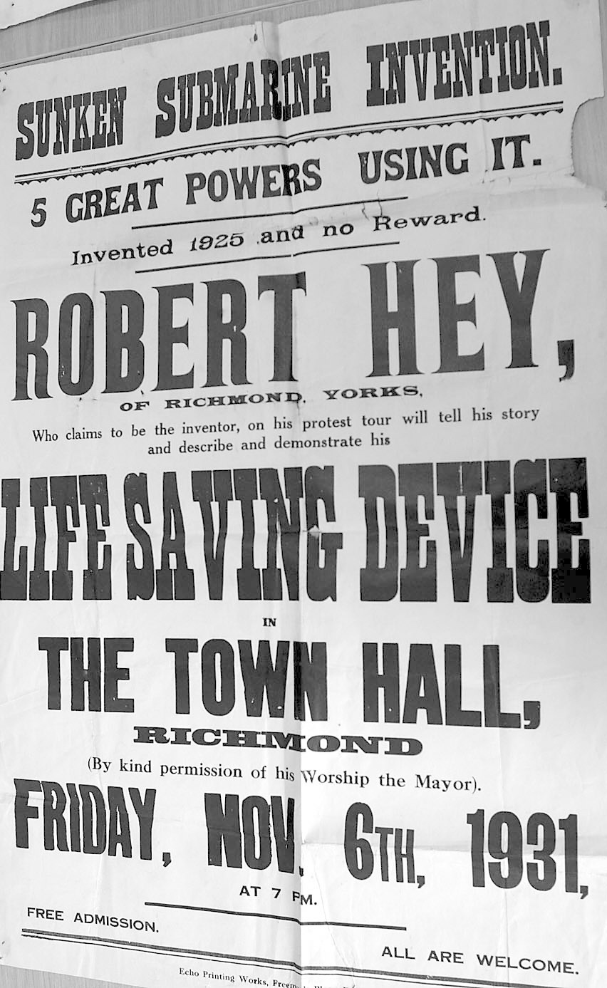 A poster in Richmondshire Museum advertising a meeting in which inventor Robert Hey would press his case over his submarine escape apparatus