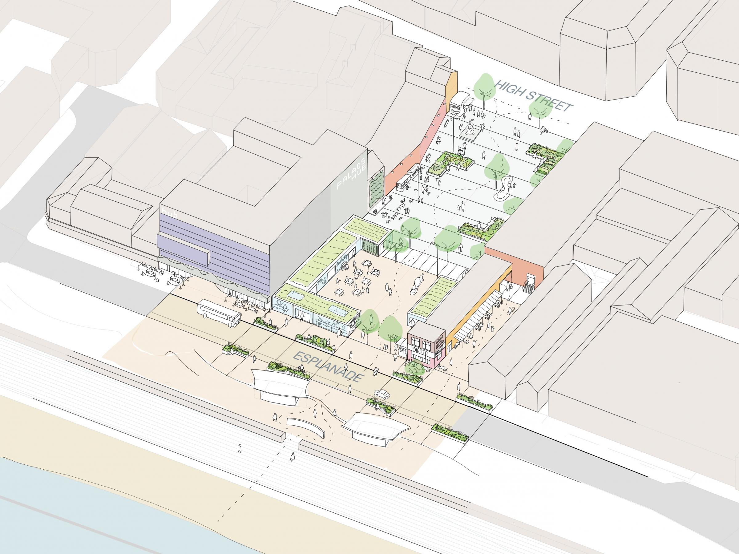 An artists impression of a proposed public space for events and outdoor retailers between the High Street and The Esplanade, in Redcar, part of the £25m Town Deal plans. Picture: REDCAR AND CLEVELAND COUNCIL