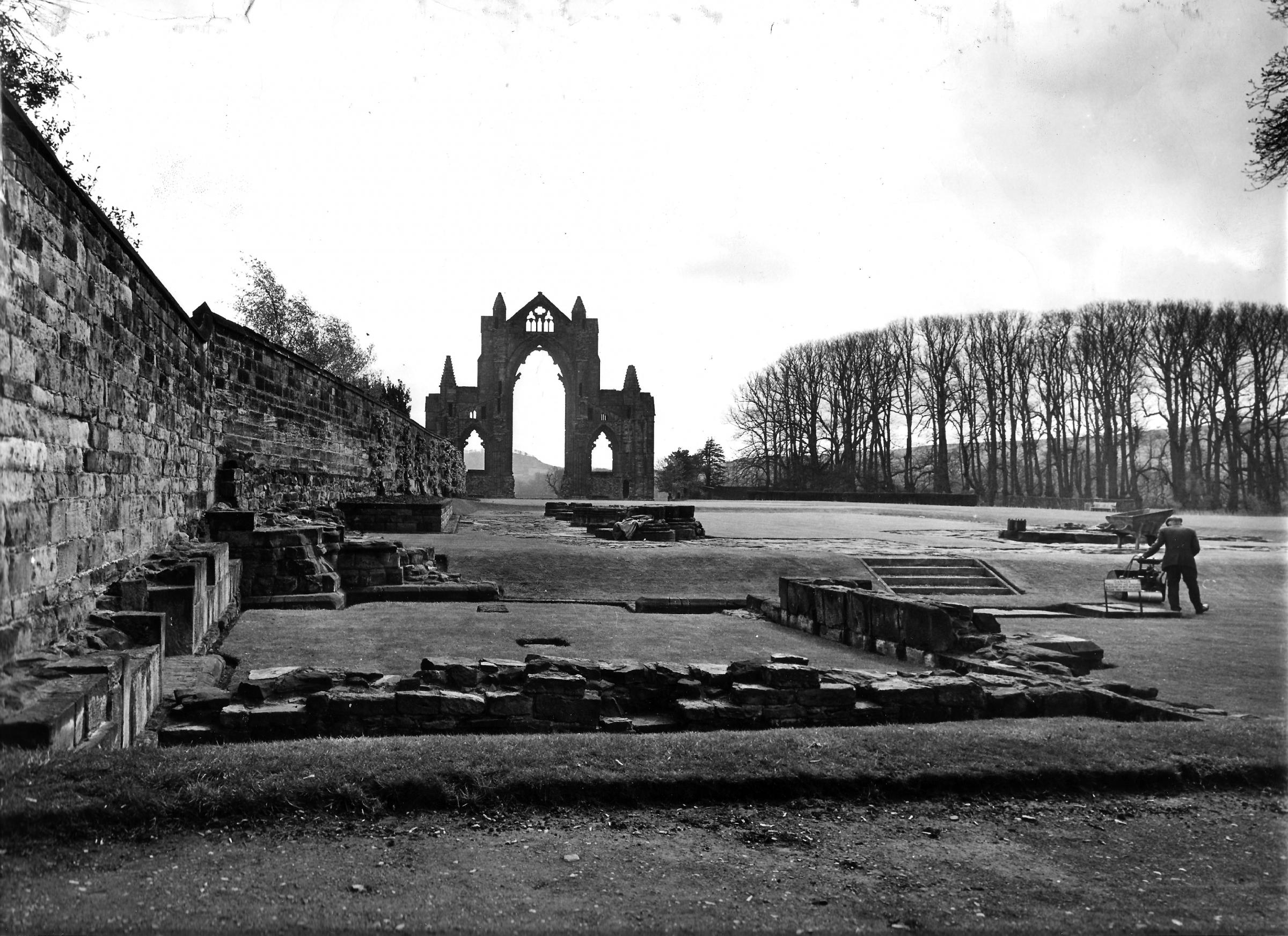 Gisbrough Priory with the tall trees of the Monks Walk on the right. On its rear the picture says it was taken on June 22, 1965 (do you think this picture really was taken in late June? The groundsman, in his jacket and cap, is cutting the grass and