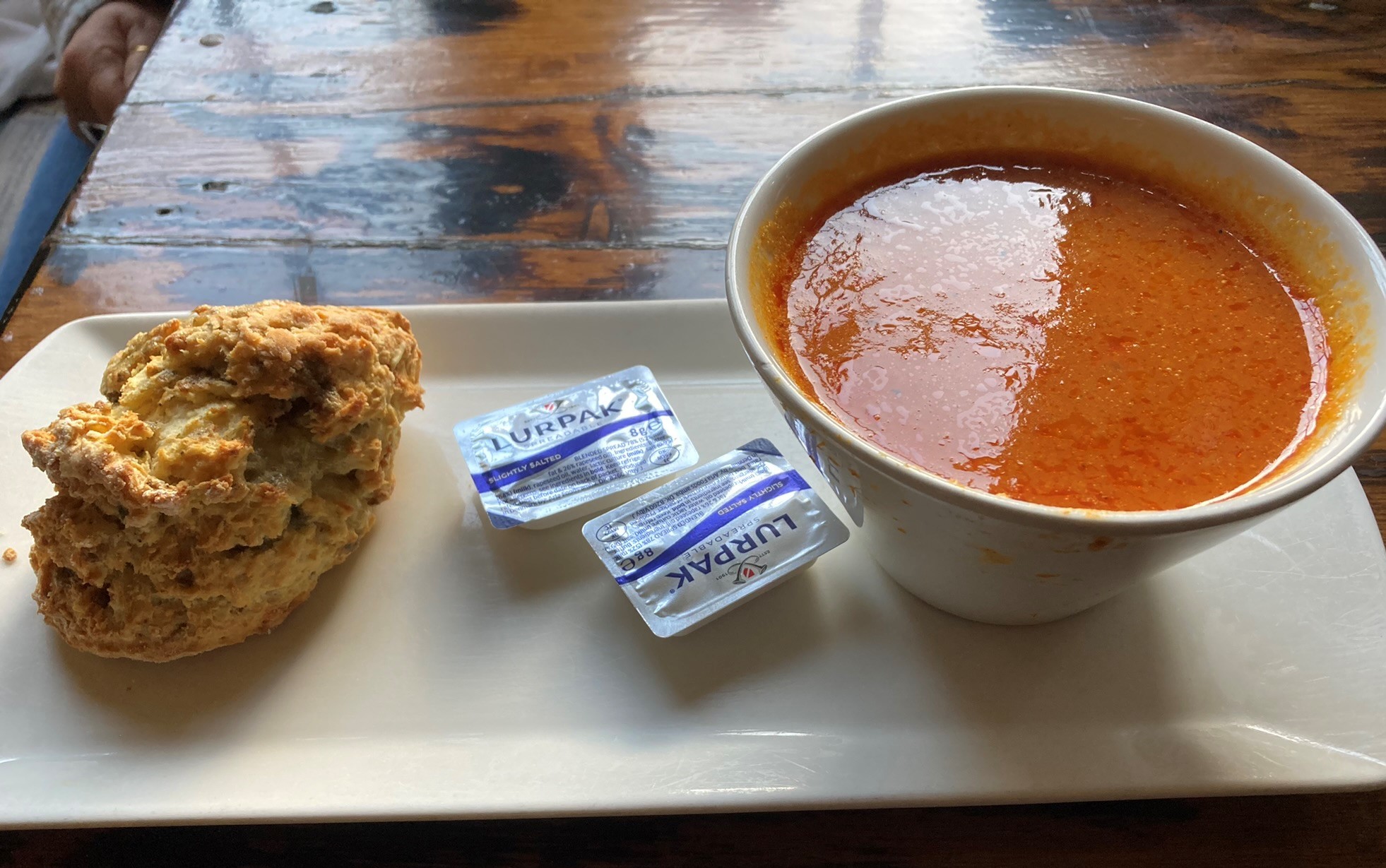 Petras spicy sweet potato and red pepper soup with a stinky stillton scone