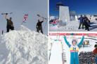 Martin Sharp and Justin Scott on a 100 tonne pile of snow, left, with an ice sculpture, top right, and, bottom right, Eddie the Eagle Edwards