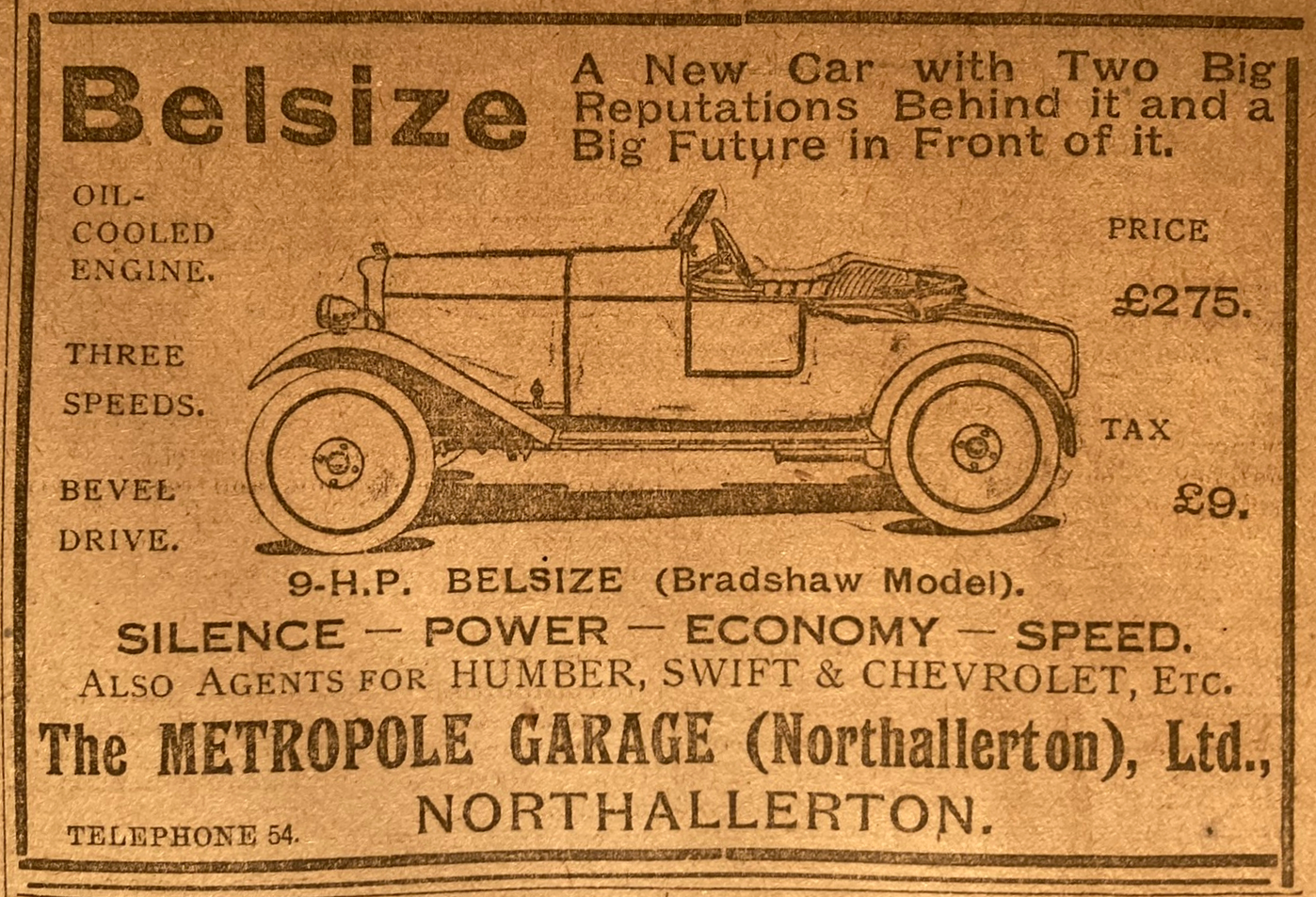 Clarence Oxendales advert in the D&S Times of 100 years ago, when he was selling Manchester-made Belsize cars in Northallerton