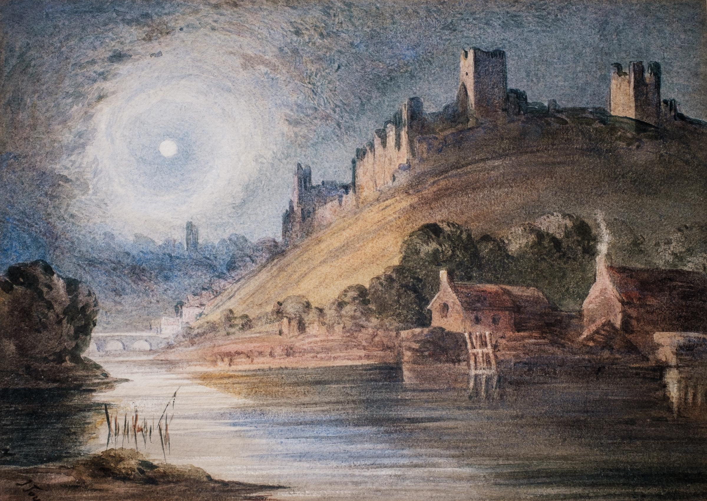 Richmond by moonlight in 1860. JohnYorkes Culloden Tower reaches up to the moon; Alan Rufus castle is on the top of the hill; beneath it is Henry Cookes papermill. All are profiled in Jane Hatchers new book, as is the artist, Jessey Joy, a