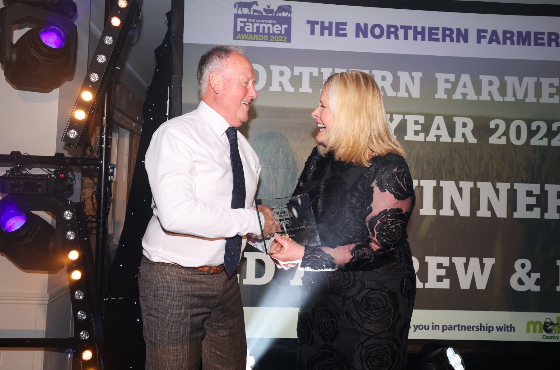 The Northern Farmer Awards 2022 held at The Pavilions in Harrogate. Winner of the Northern Farmer of the Year Award, Ed Andrew and family is awarded by Sam Holdstock of Mole Country Stores. Ed Andrew and family were not present so the award was accepted