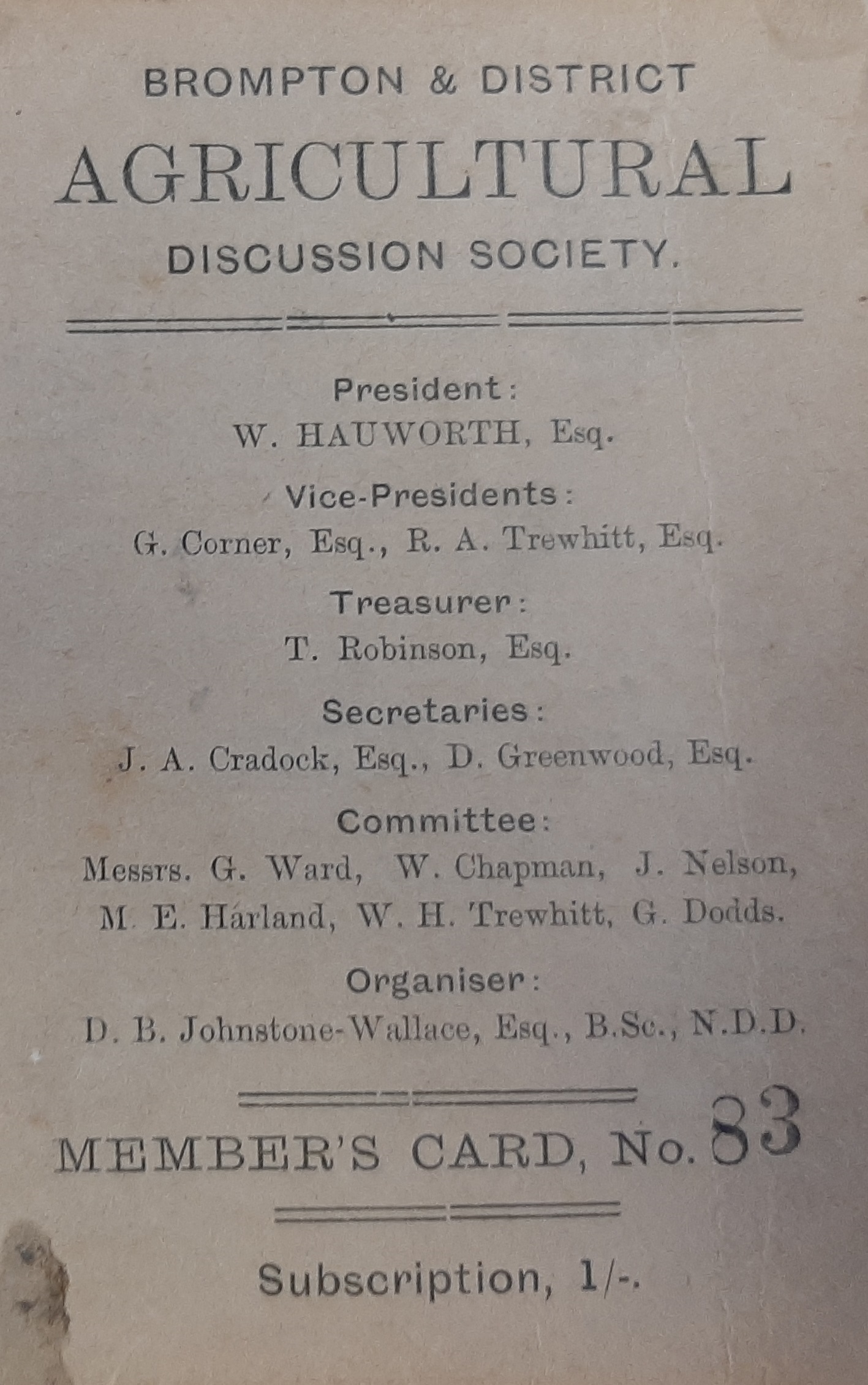 The cover of the first ever program for Brompton and District Agricultural Discussion Society