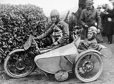Freddie Dixon with his innovative leaning sidecar at the 1923 Isle of Man TT race, which he won