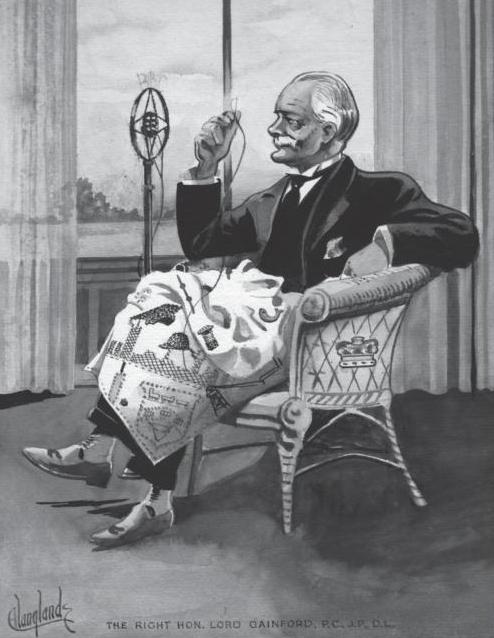 Darlington and Stockton Times: A cartoon of the 1st Lord Gainford who was an enthusiastic embroiderer - when he went to London for meetings, he would take his embroidery with him and work on it in the privacy of his first class carriage. In the background is an old BBC radio