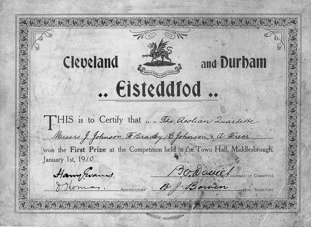Darlington and Stockton Times: The Aeolian Male Quartette's certificate from the 1910 eisteddfod at Middlesbrough
