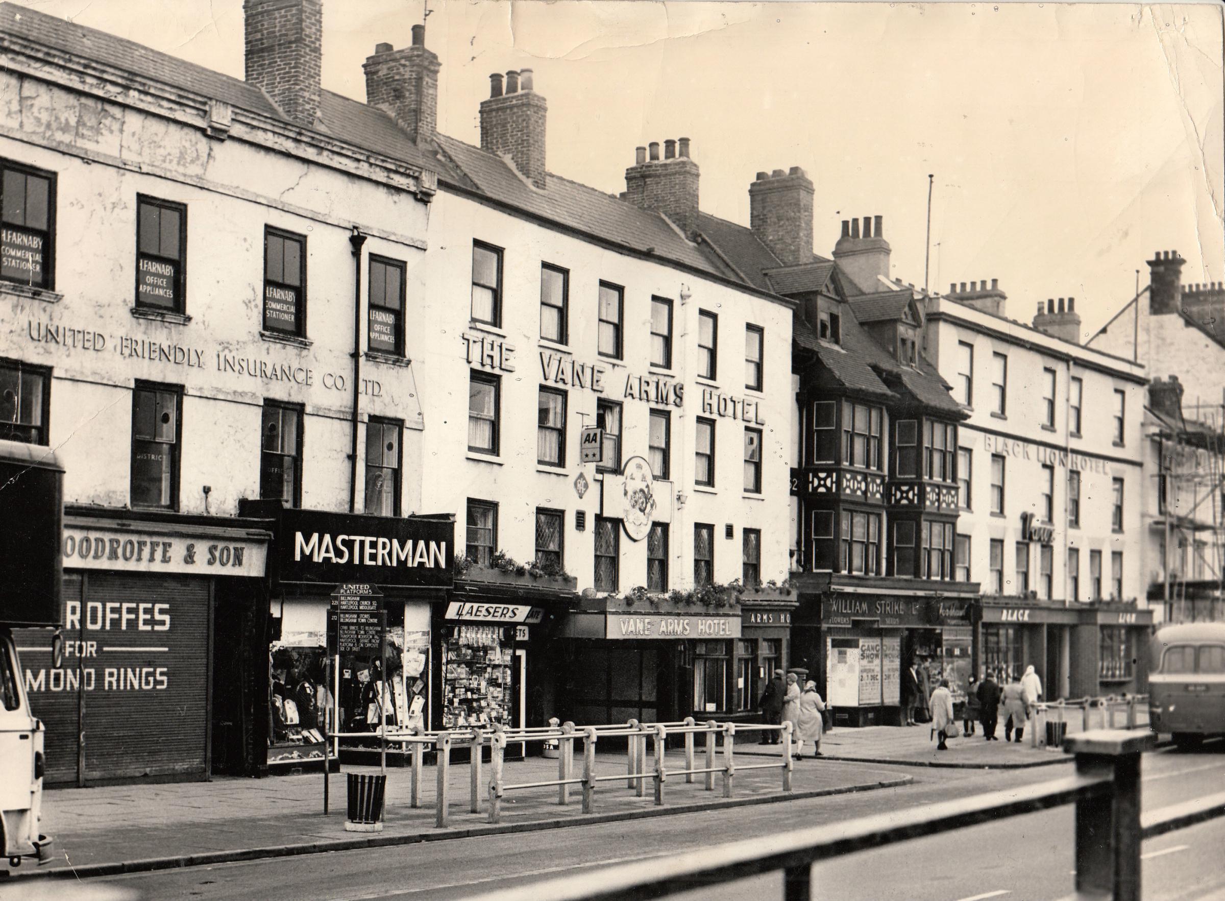 The Black Lion Hotel, on the right, was on the east side of Stockton High Street and was demolished in 1969. Here 300 railway navvies enjoyed free bread, cheese and beer after the first rail was alid 200 years ago