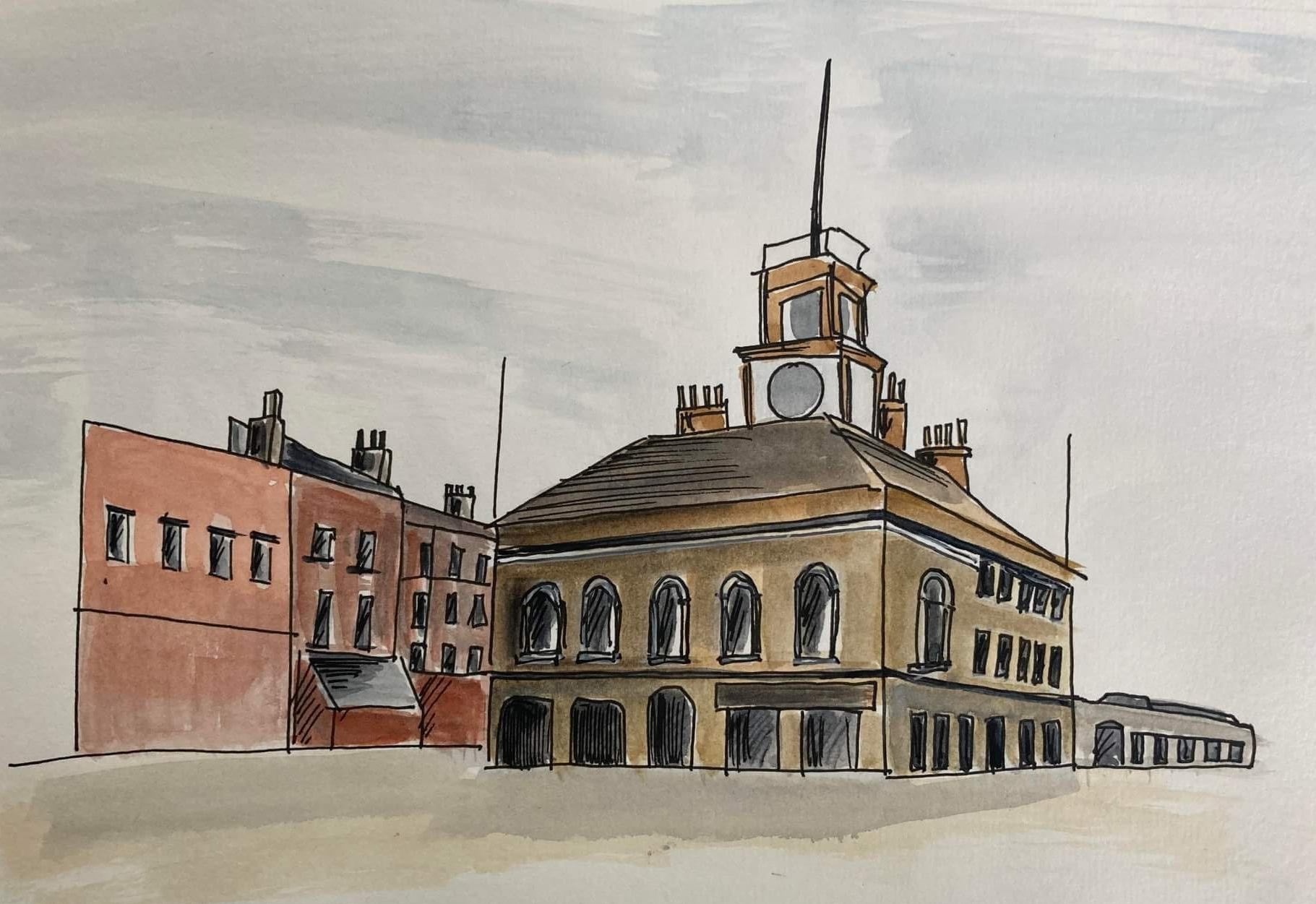 Stockton Town Hall, where the banquet was held in 1822, as drawn by Sandra Johnson for the new film, The First Rail