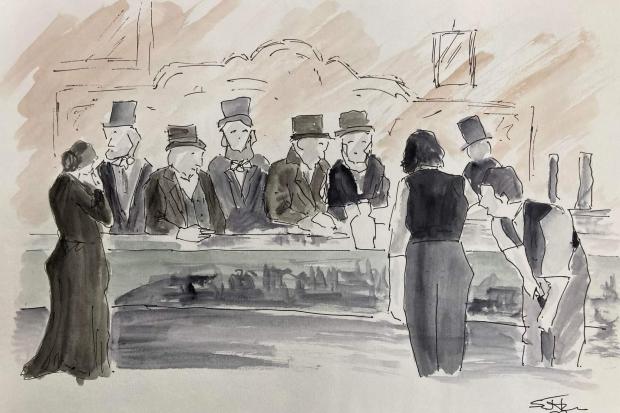 The important railwaymen sit down for their celebratory banquet in Stockton Town Hall, attended to by Margaret Foxton, as drawn by Sandra Johnson for the new film, The First Rail