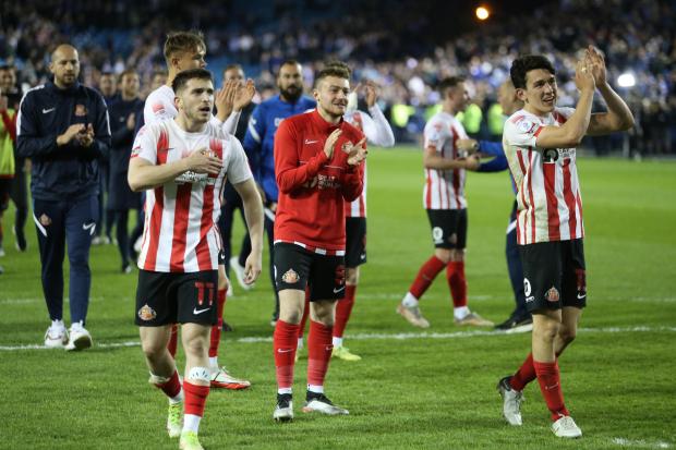 Sunderland's players celebrate after the draw at Hillsborough that booked their place in today's play-off final