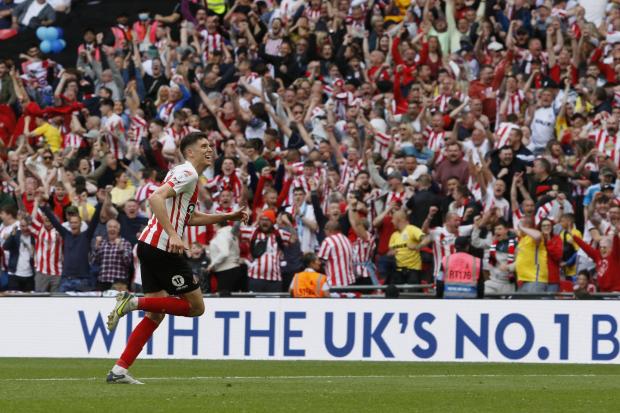Ross Stewart celebrates after scoring Sunderland's second goal at Wembley
