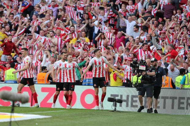 Sunderland's players celebrate during their Wembley win over Wycombe