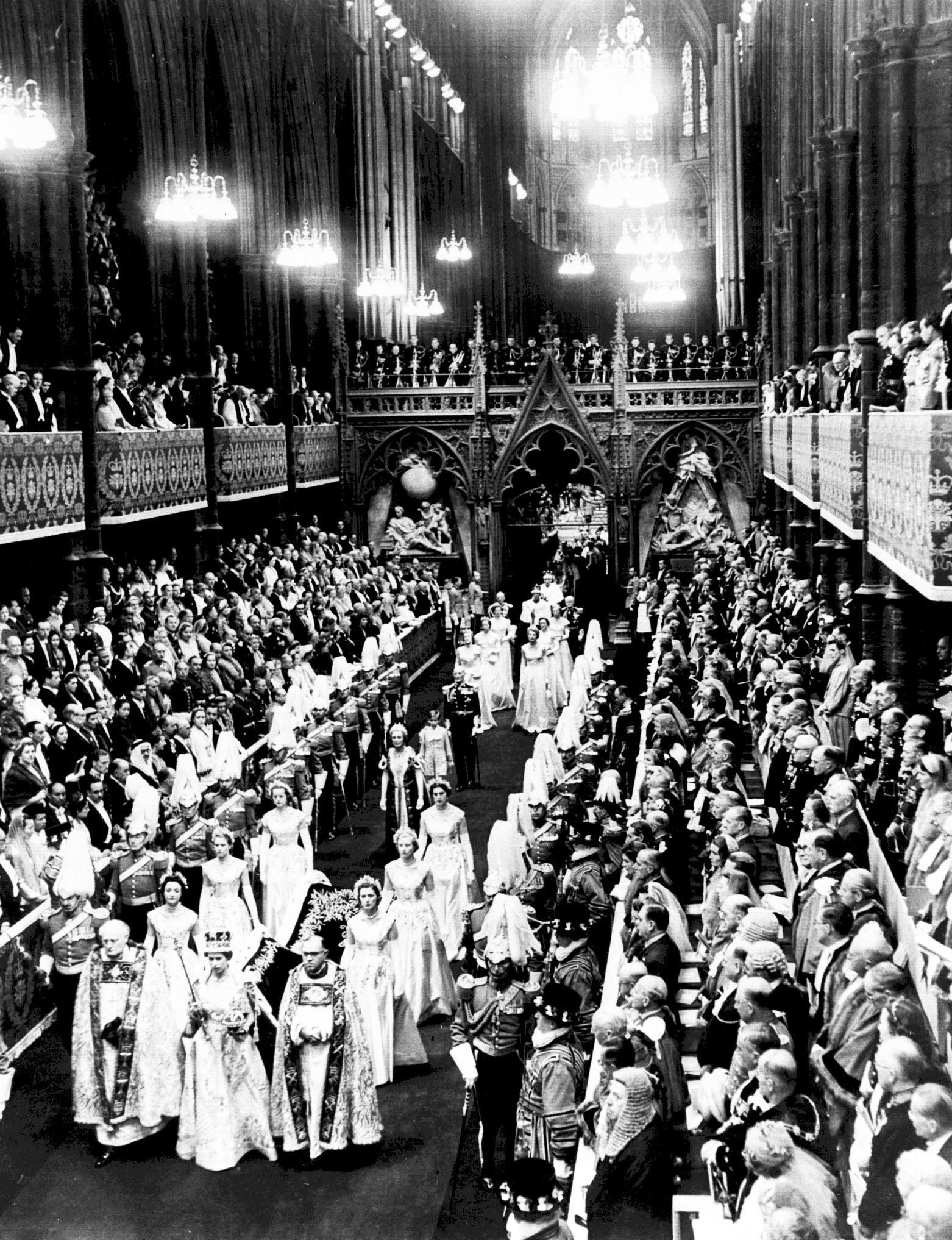 The Queen at Westminster Abbey for her coronation on June 2, 1953