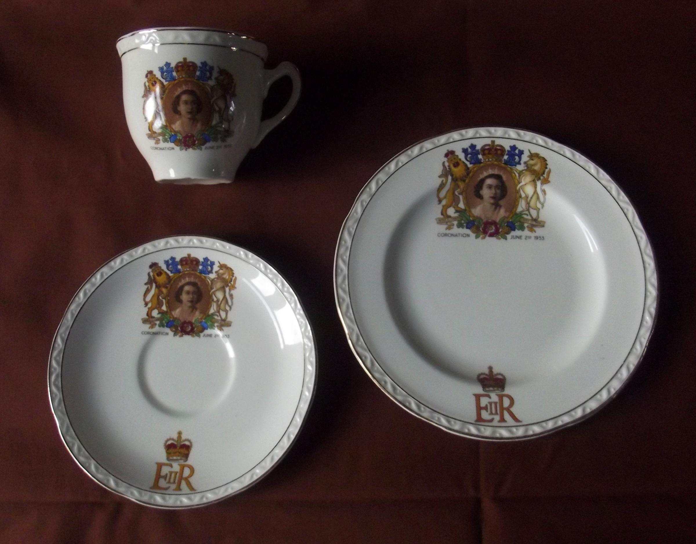 Children were showered with souvenir crockery on Coronation Day. I received my coronation cup, saucer and plate set in 1953 from Perrone School in Catterick Camp, says Josephine Power, sending in a picture of her set. My future husband received