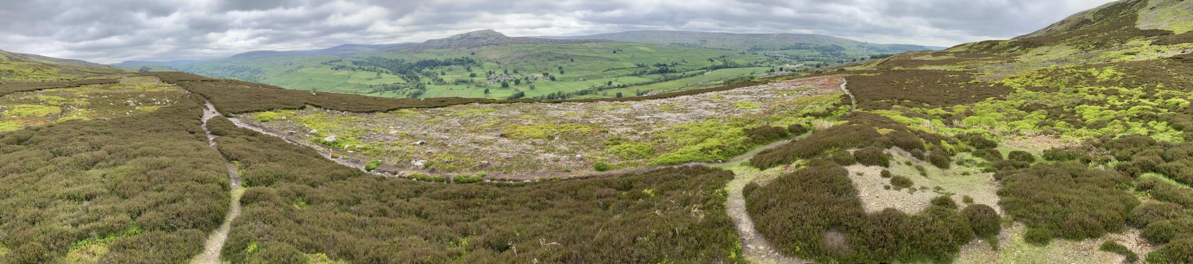 The Iron Age fort of Maiden Castle in Swaledale is the light patch of ground in the centre of this picture. It is surrounded by deep trenches
