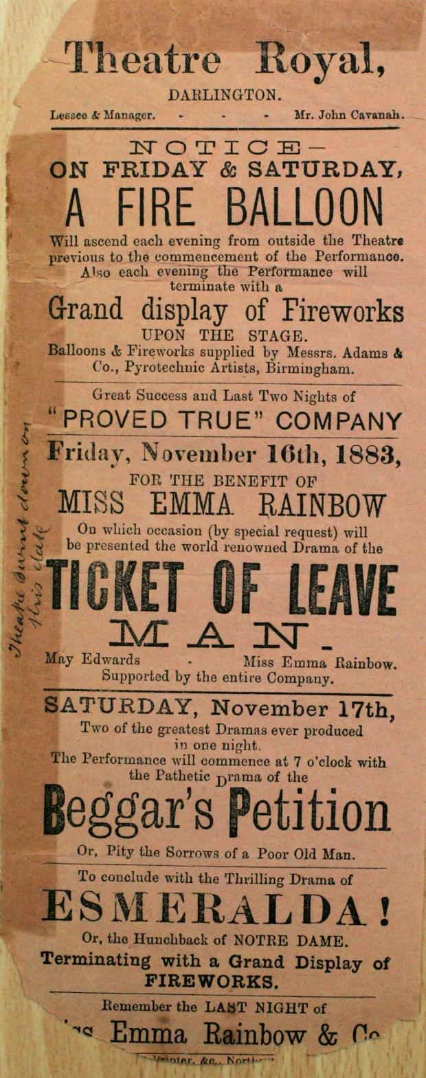 Darlington and Stockton Times: A poster advertising Miss Emma Rainbow's show on the night the theatre burned down in 1881. Pictures courtesy of the Darlington Centre for Local Studies