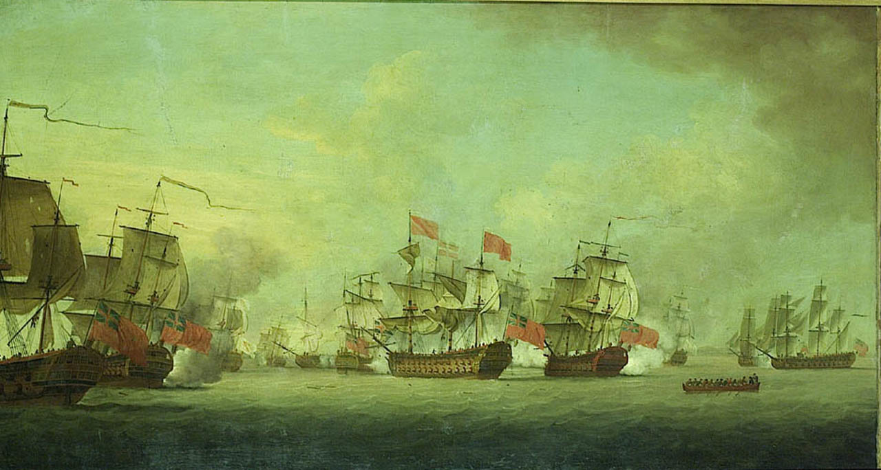 HMS Cornwall in the centre, with the red flag, in action off Havana in 1748. Captain Policarpus Taylor was on board along with Rear Admiral Charles Knowles