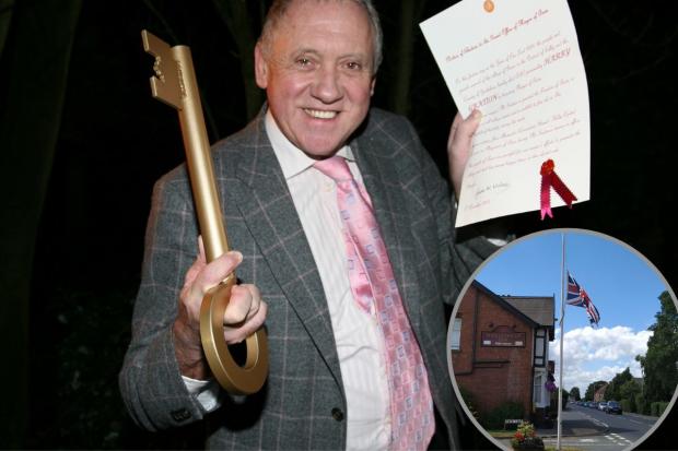The late Harry Gration, pictured withwith the key marking freedom of the village of Burn and scroll appointing him honorary mayor in 2009 and (inset) the village's Union Flag at half mast