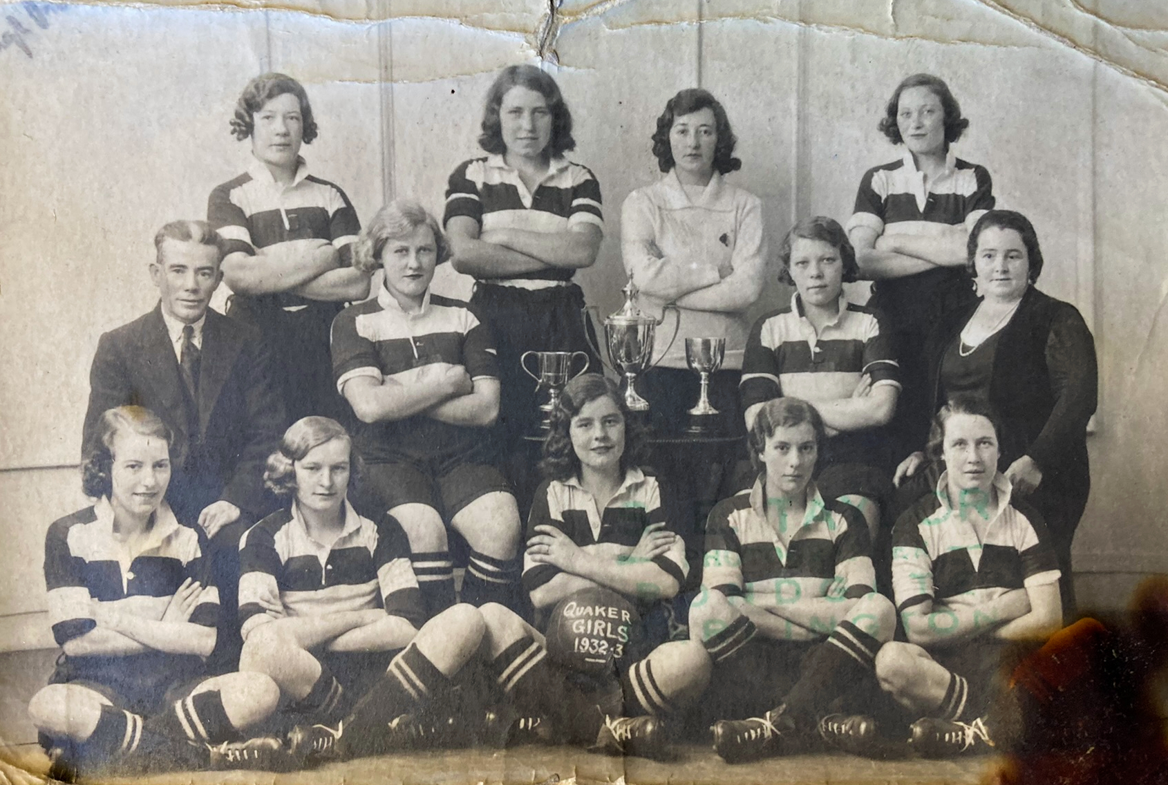 The Darlington Quaker Ladies team photo with the cups they had won during the 1931-32 season. Lillie Galloway is on the right and her husband, James, is on the left