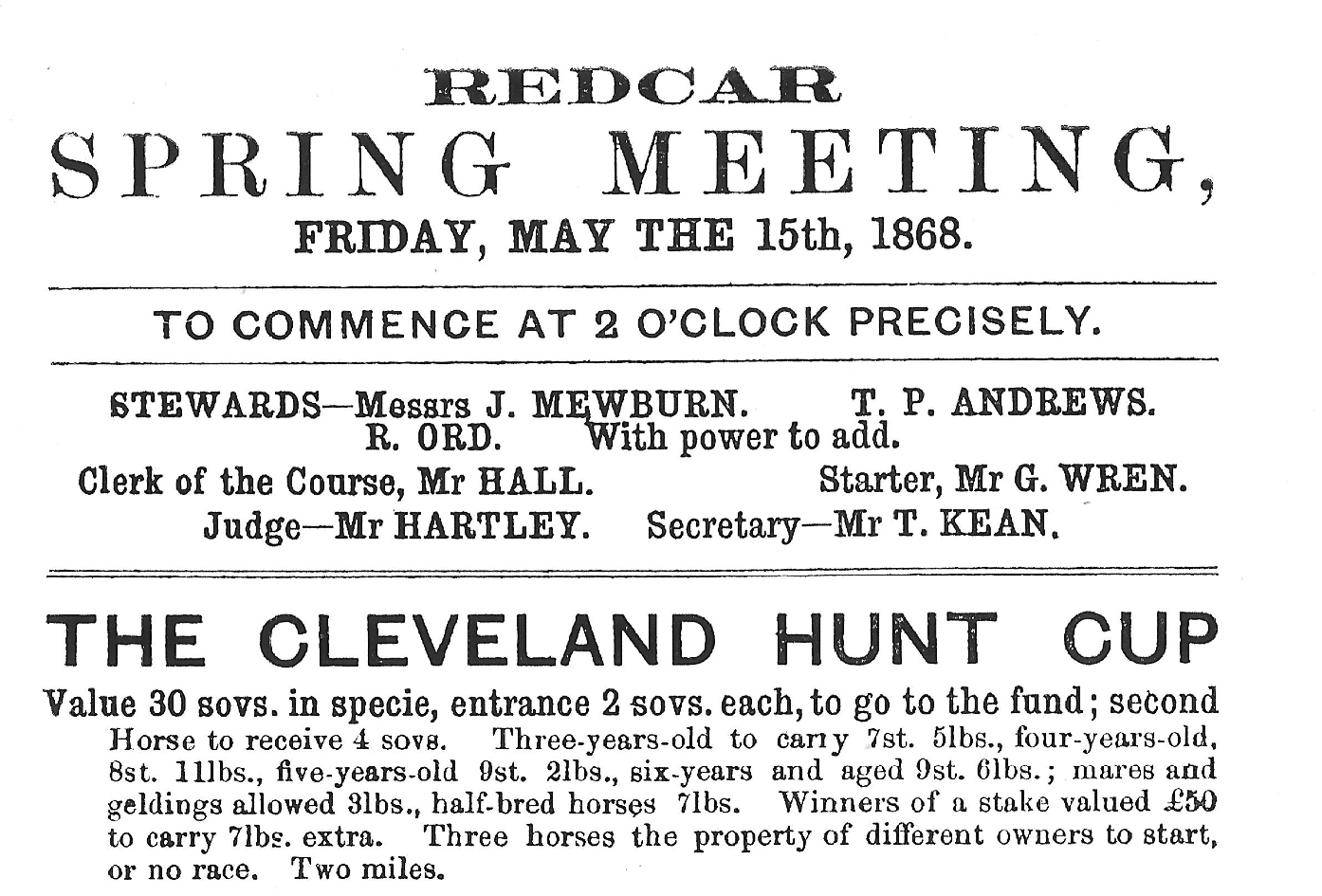 The programme for an 1868 meeting held on the beach at Redcar