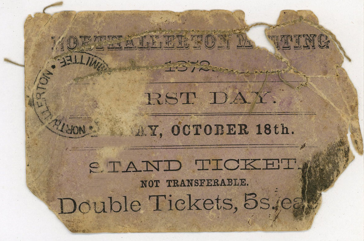 A ticket now owned by Colin Narramore giving access to the grandstand at Northallerton races on October 18, 1872