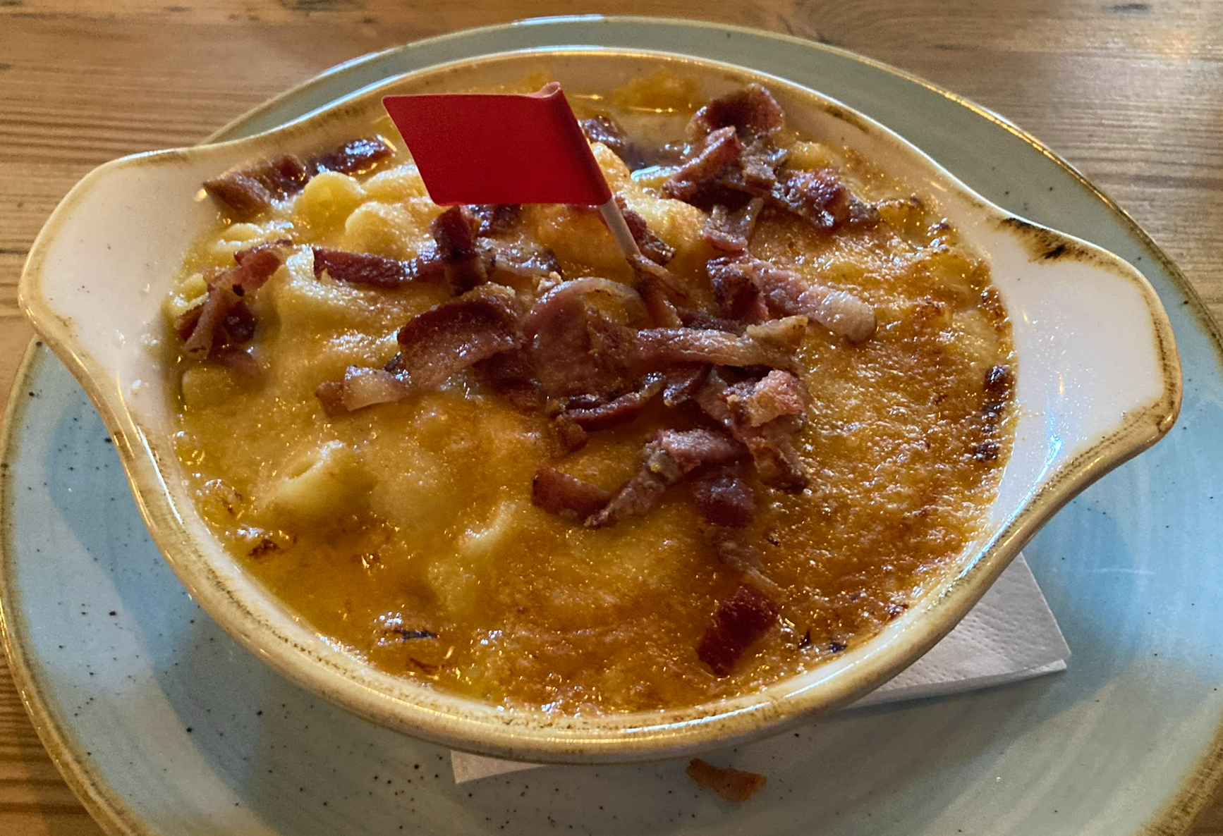 Theos Maccarone Cheese, with bacon added