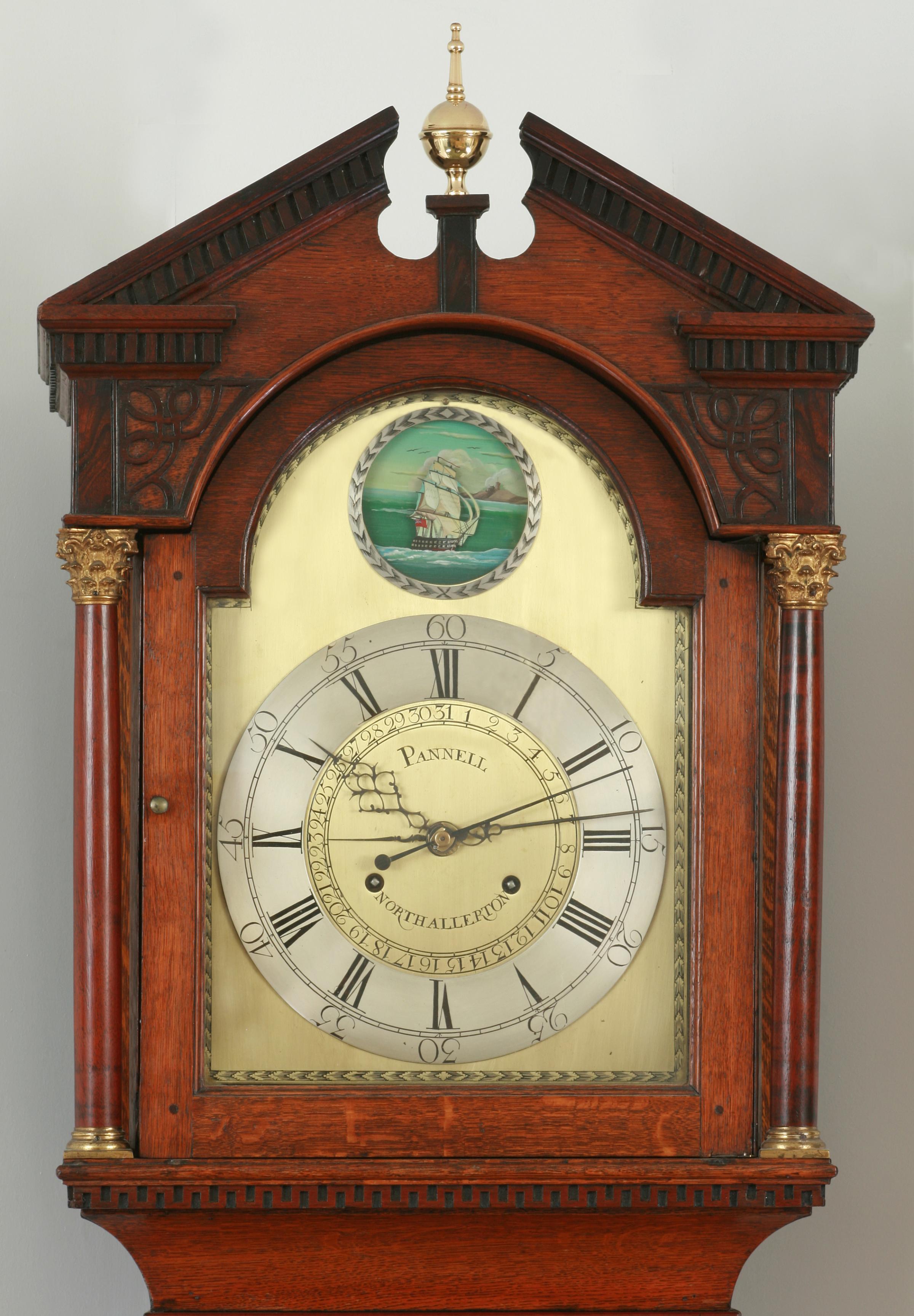 A very complicated clock made by Hugh Pannell of Northallerton. Not only does it tell the time, but it has a second hand, a rocking ship at the top and also a central dial which tells which day of the month it is. Picture courtesy of David Severs