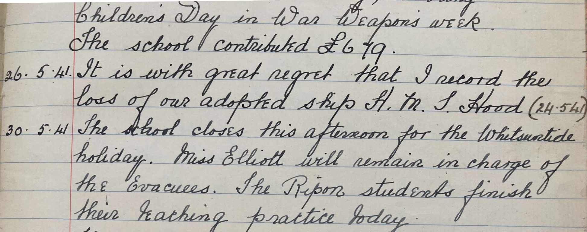 The entry in the school logbook two days after the sinking of HMS Hood in May 1941