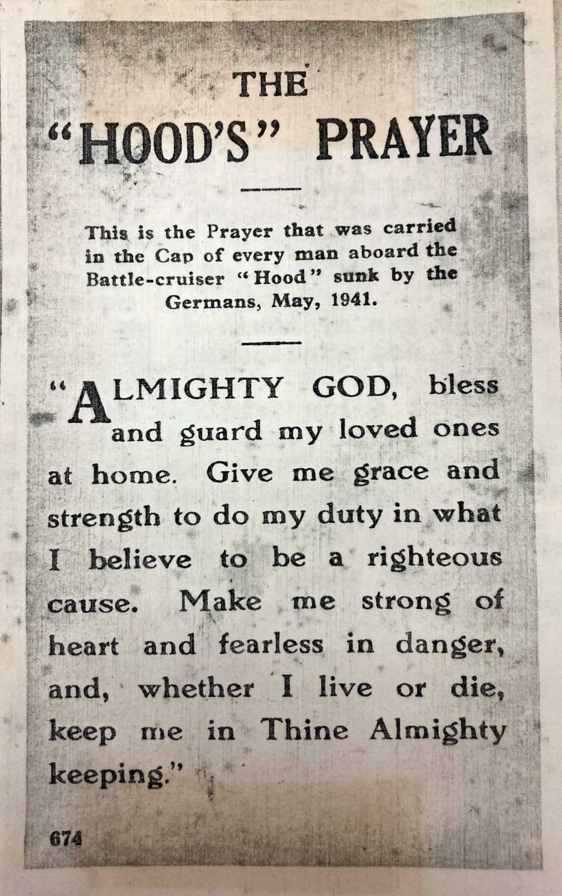 A postcard of the Hoods Prayer, written by Applegarth children and worn in the caps of every sailor on the ship