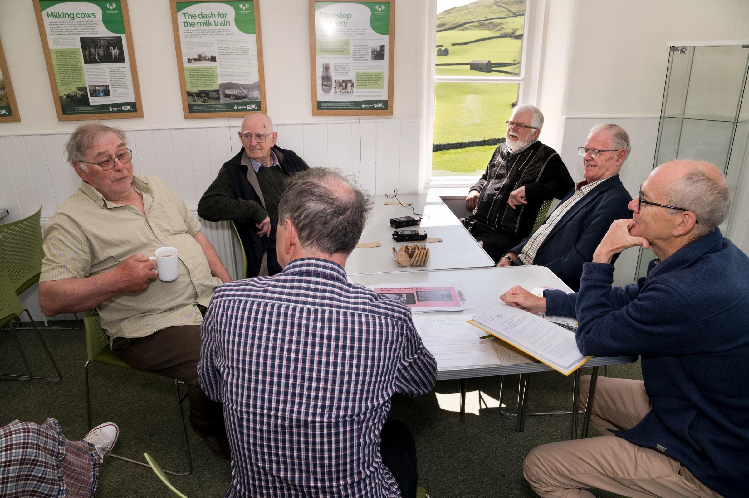 Swaledales finest on dialect – Ronnie Metcalfe (with cup), Norman Guy, John Waggett and Ernest Metcalfe, with David Owen (right) and David Jackson (with back to camera)