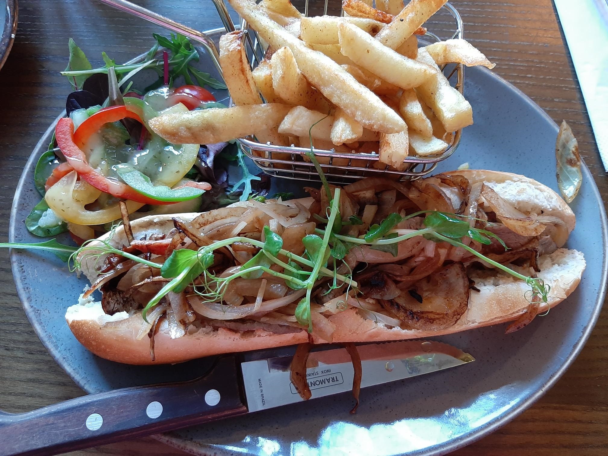Steak sandwich with chips at the Dudley Arms, Ingleby Greenhow