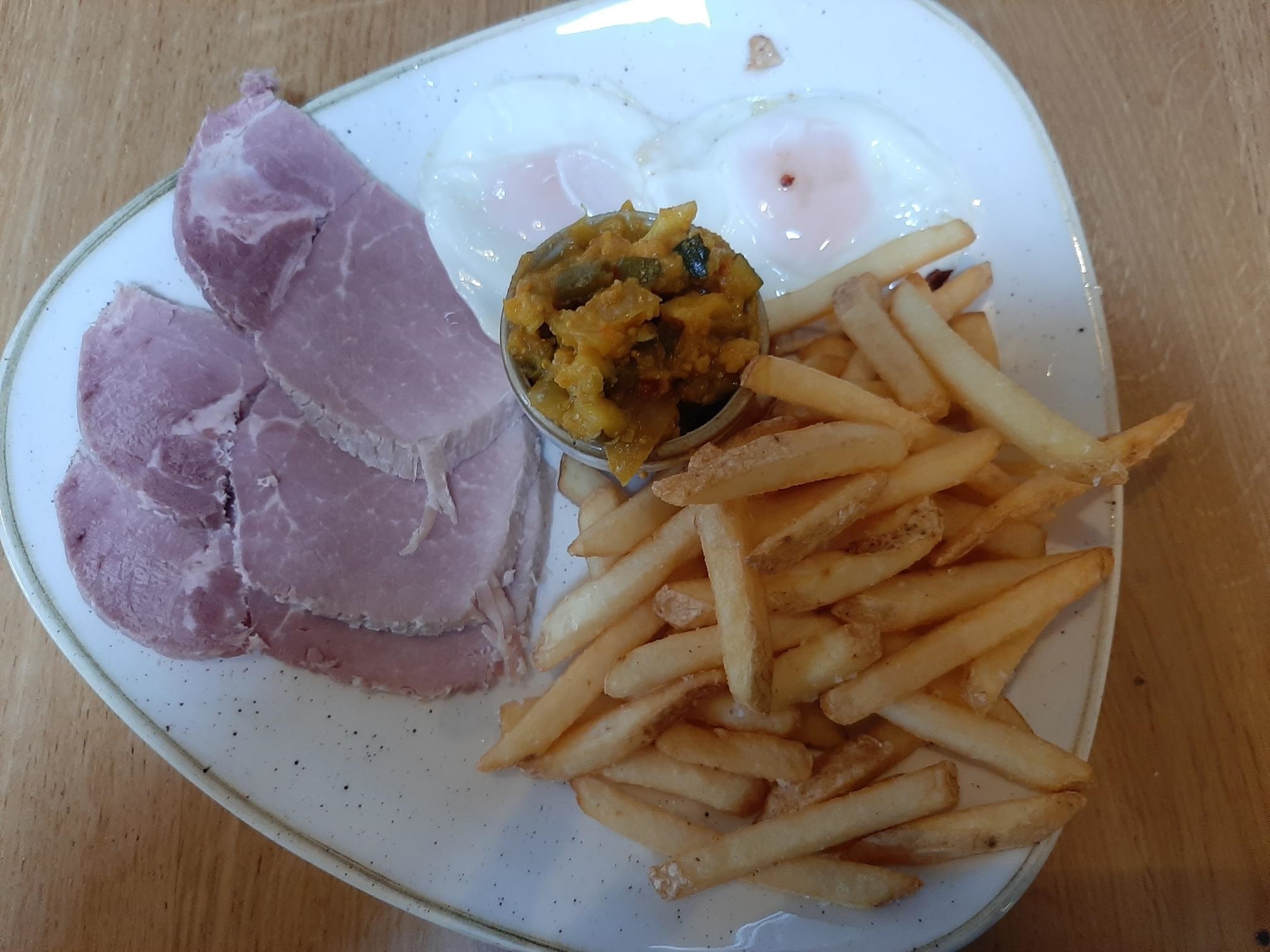 Ham, egg and chips at Thimbleby Shooting Ground cafe