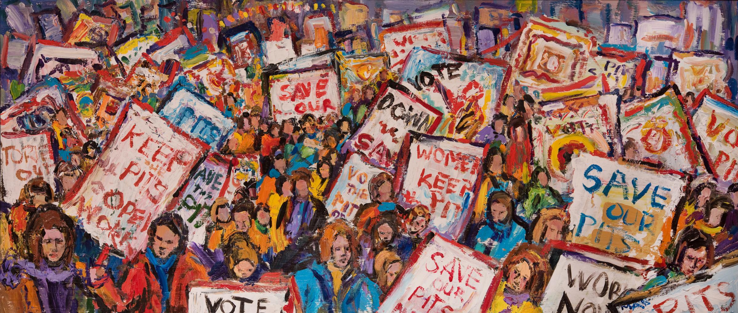Women Protesting, by Marjorie Arnfield in the new exhibition at the Mining Art Gallery in Bishop Auckland. Picture courtesy of the artists estate