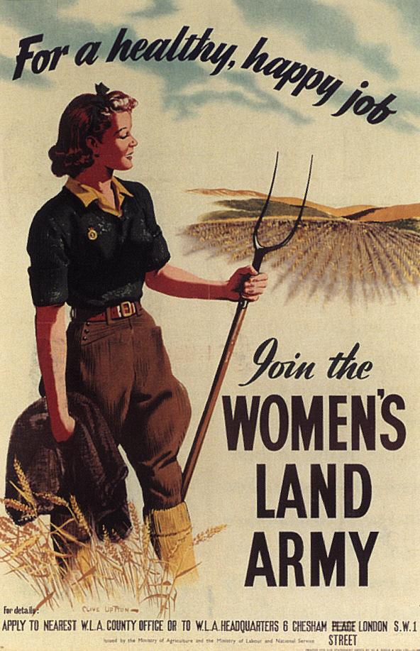 A Second World War Womens Land Army poster featuring a pitchfork
