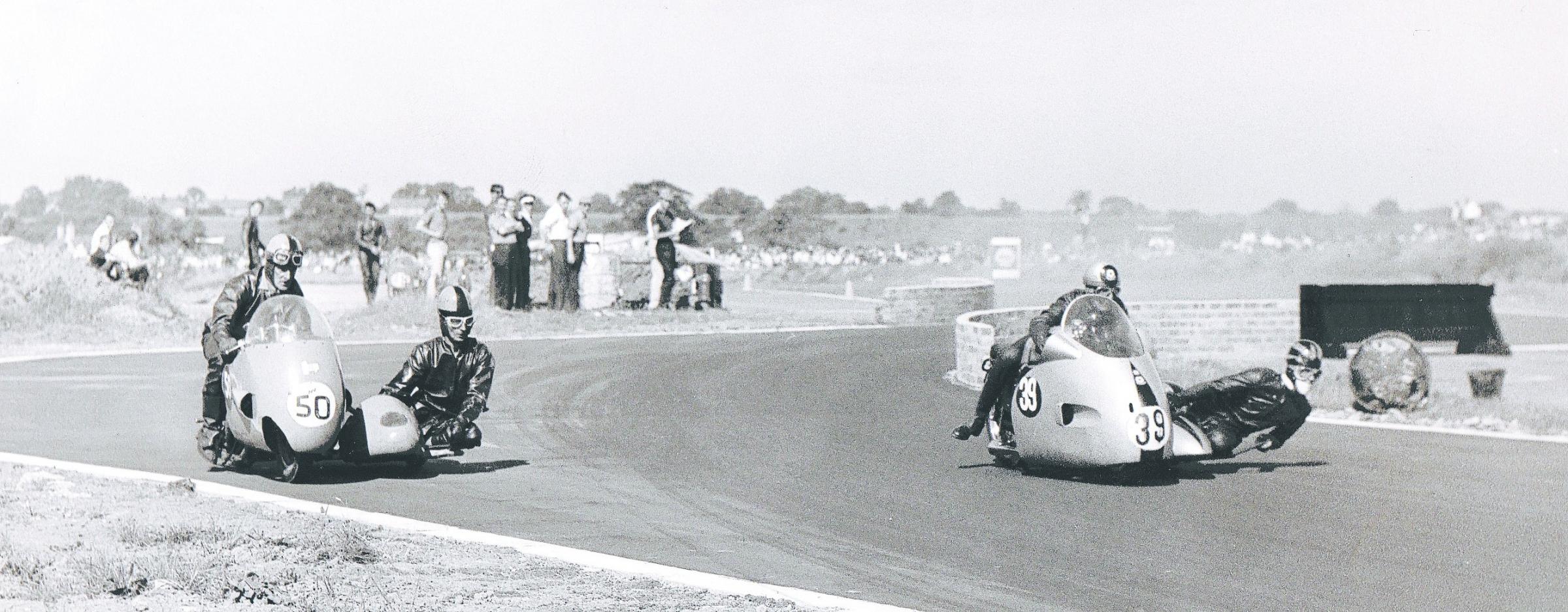 Sidecar racing at Croft circuit on August 17, 1964, soon after the airfield was sold. It is now Croft Circuit