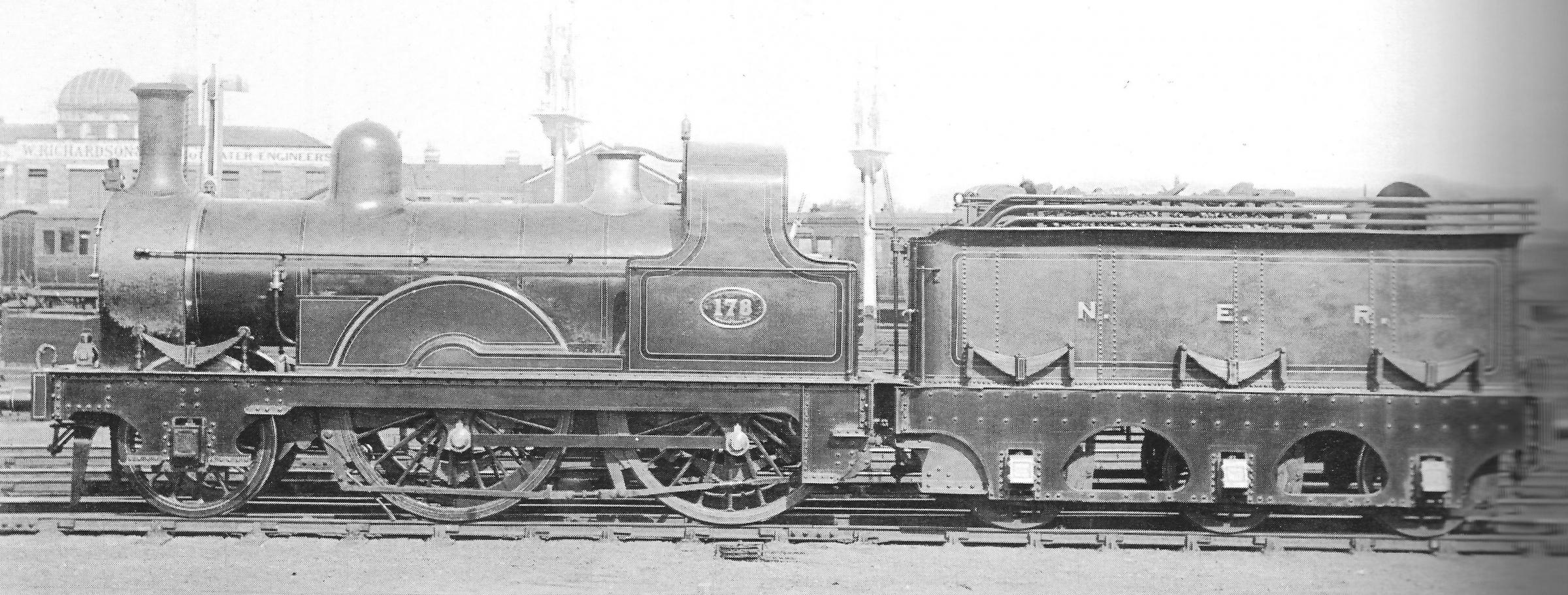 NER No 178 standing at Darlingtons Bank Top station. It was involved in the Thirsk crash of November 2, 1892, and the brass ornament was made out of its damaged pipes when it was undergoing repairs at North Road shops
