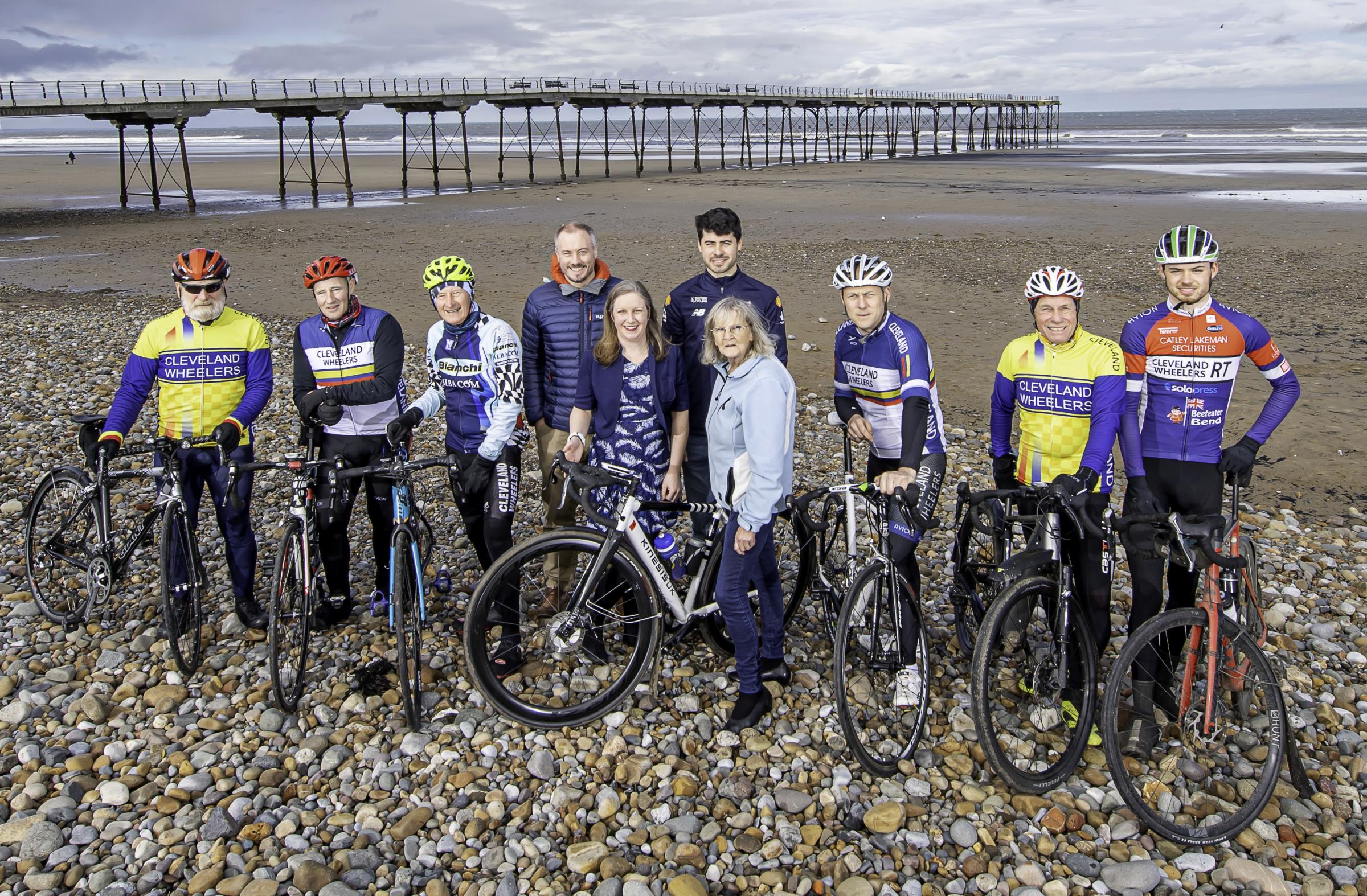 Charlie Tanfield in front of Saltburn pier with Cleveland Wheelers, and Redcar and Cleveland Borough Council members Stephen Mussett, Louise Westbury and Mary Lanigan ahead of the National Road Championships Picture: ALLAN MCKENZIE/SWPIX.COM