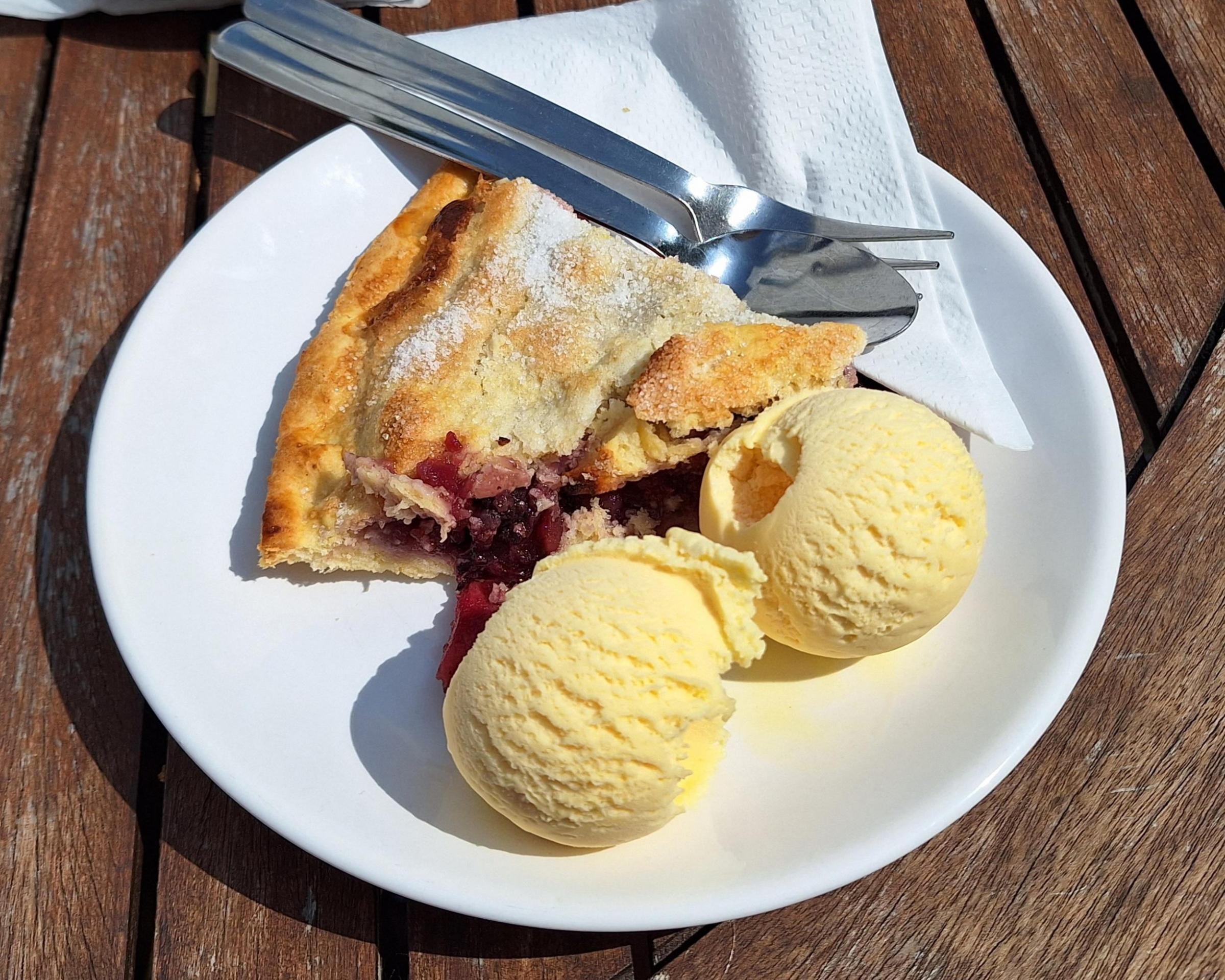 Bramble and apple pie with ice cream - the pastry melted in the mouth