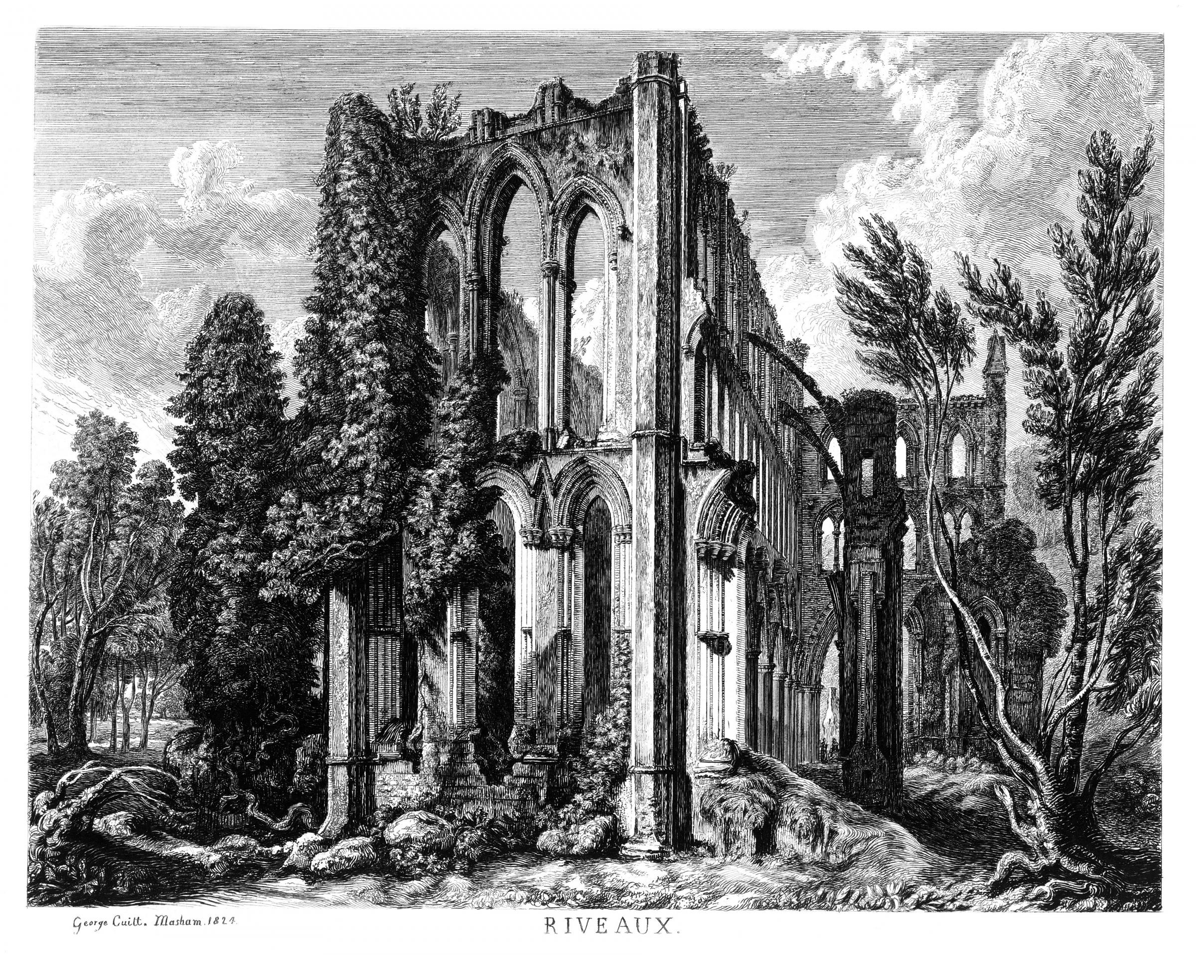Rievaulx Abbey, Yorkshire, 1824. Cuitt is renowned for his wonderful ivy and trees, as this etching shows. The tree on the right also conveniently parted for him to reveal one of the abbeys pinnacles (Bree 2.58, Cheshire Archives and Local Studies)