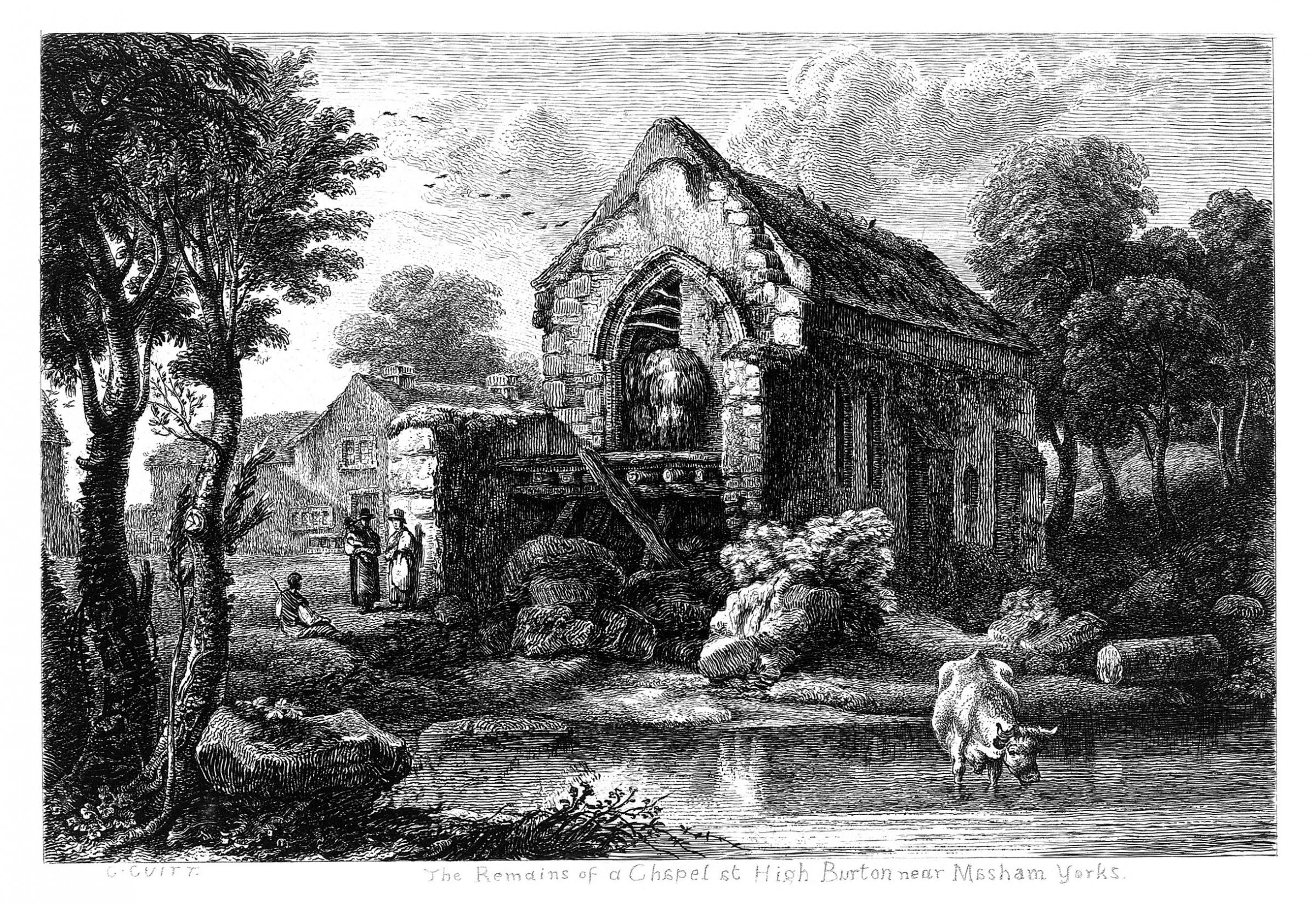 The Remains of a Chapel at High Burton near Masham Yorks, by 1827. The only known view of a chapel which had been part of the Wyvil familys estate (Bree 2.79, Cheshire Archives and Local Studies)