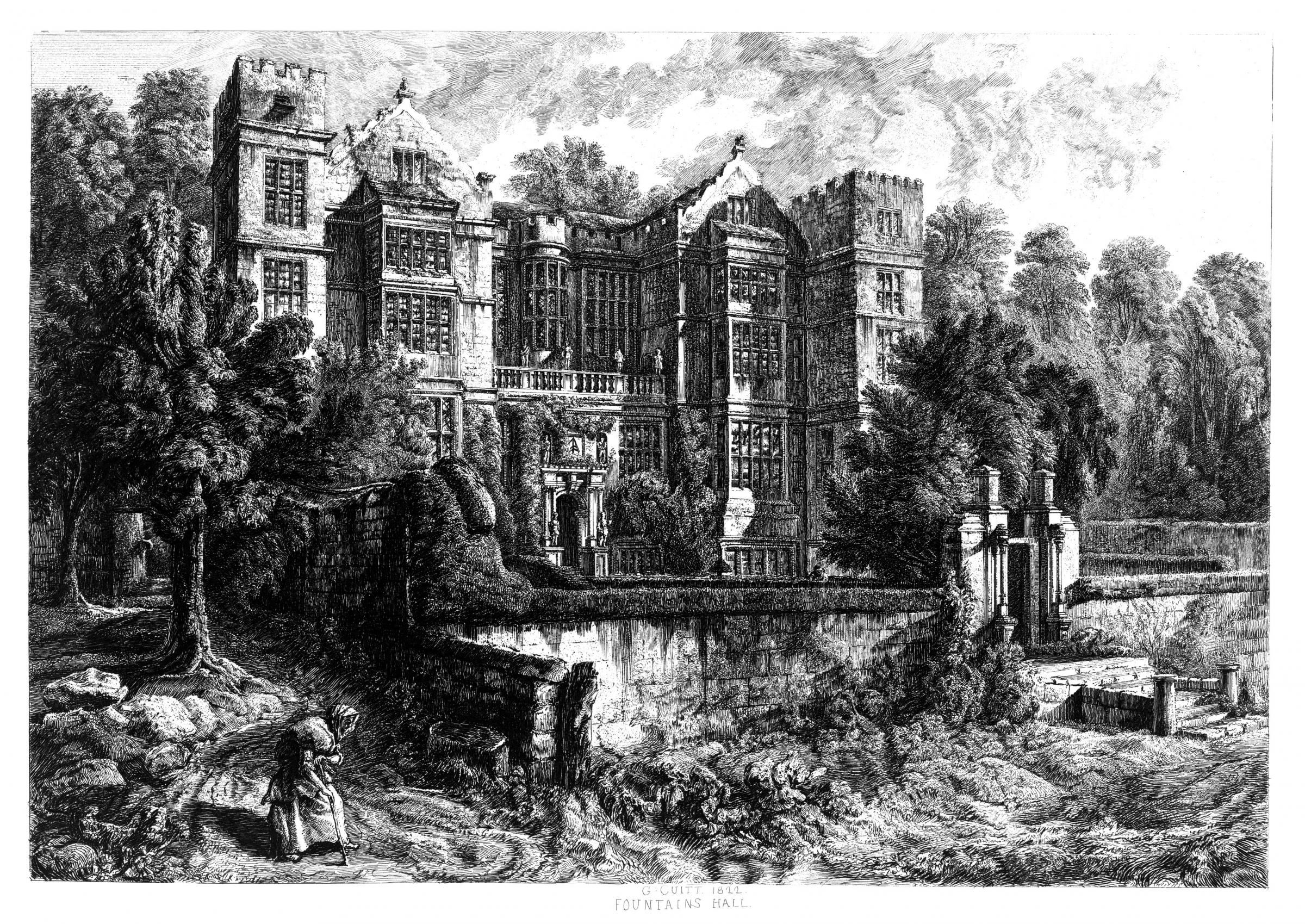 Fountains Hall, 1822. A remarkably accurate work by Cuitt, completed by an old lady bent double on the left. In angle and composition, it is very similar to several Piranesi prints of Rome (Bree 2.57, Cheshire Archives and Local Studies)