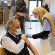 Bowesfield Lane Mosque in Stockton aas opened for two days to become a vaccination centre for the local community. Nurse Kathryn Hill is pictured with Mayor of Stockton, Councillor Mohammed Javed, who had his second dose of the vaccine at the clinic