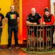 Darlington FC supporters Craig Morley and Paul Colman of The Little Quaker Distillery who bought the Feethams Turnstile which is currently in the Arthur Wharton Museum pictured with Shaun Campbell founder of the Arthur Wharton Foundation and Danny Howes