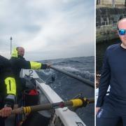 James Davidson, right, originally from Bishop Auckland, and left, on the bows as he attempts a record-breaking Atlantic Ocean crossing