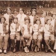 Mary Mackin, first player on the left in the front row, with the Smith's Dock Women's Team, at South Bank, in 1918