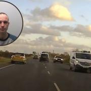Dangerous driver Nicholas Brian Oakland (inset) with a still from the North Yorkshire Police film of the 124 mph pursuit