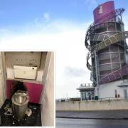 The Redcar Beacon and (inset) previous fire damage caused to one of its toilets